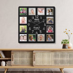 Reloj Cuadrado 12 horas de plantilla de fotografía con presupuest<br><div class="desc">Reloj fotográfico personalizado con la inspiradora cita familiar "El tiempo que pasa con la familia vale cada segundo". Personaliza con 12 de tus fotos familiares favoritas.</div>