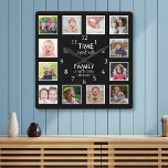 Reloj Cuadrado 12 horas de plantilla de fotografía con presupuest<br><div class="desc">Reloj fotográfico personalizado con la inspiradora cita familiar "El tiempo que pasa con la familia vale cada segundo". Personaliza con 12 de tus fotos familiares favoritas.</div>