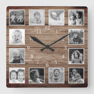 Reloj Cuadrado 12 Madera De Collage de fotos Blanco Y Negro