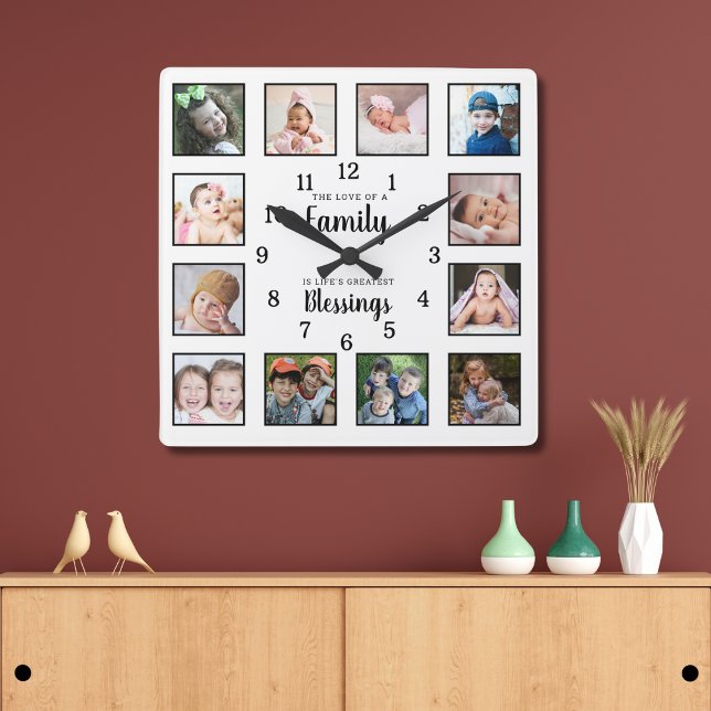 Reloj Cuadrado 12 Photo Collage Family Love Blessings Quote White (Subido por el creador)