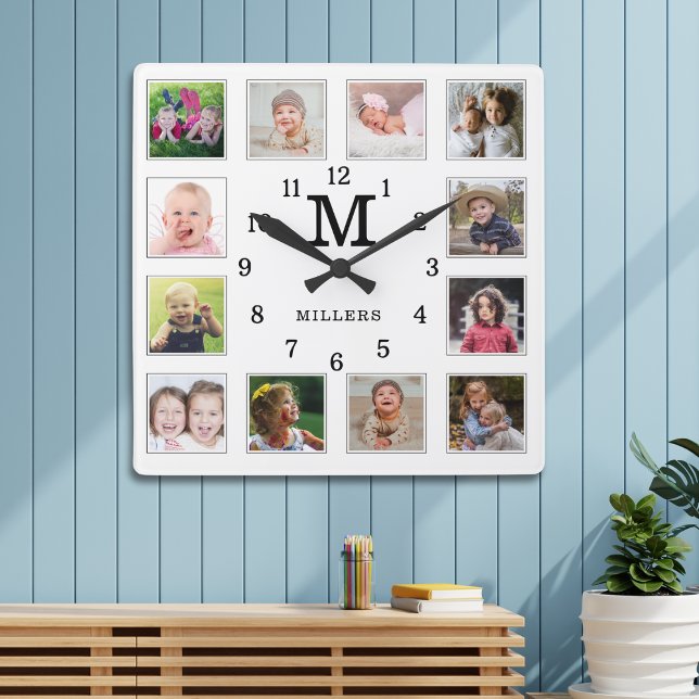 Reloj Cuadrado 12 Photo Collage Family Name Monogram Black White (Subido por el creador)