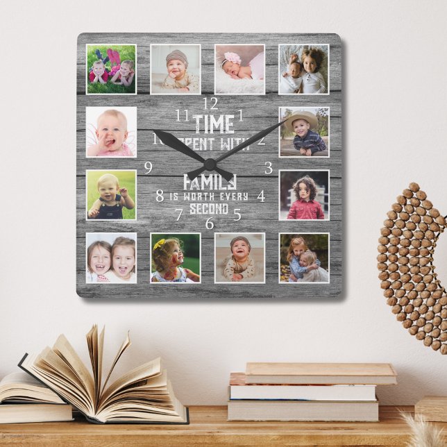 Reloj Cuadrado 12 Photo Collage Family Quote Farmhouse Gray Wood (Subido por el creador)