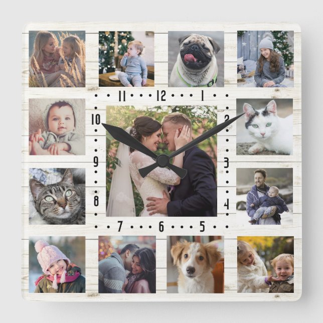 Reloj Cuadrado 13 Collage de fotos Familiar Rústico Granja Lt Mad (Anverso)