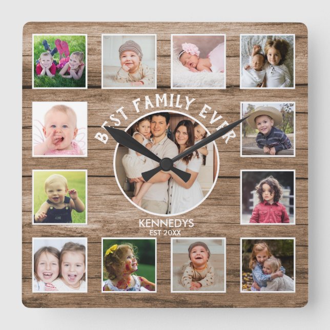 Reloj Cuadrado 13 Photo Collage Best Family Ever Farmhouse Wood (Anverso)