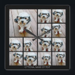 Reloj Cuadrado 13 Photo Funky Collage con texto simple<br><div class="desc">Usa fotos de 13 cuadrados y haz un collage de fotos único y a la moda con un lugar para un nombre o una fecha familiar. Si necesita mover algo,  haga clic en el botón personalizar para realizar cambios.</div>