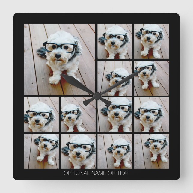 Reloj Cuadrado 13 Photo Funky Collage con texto simple (Anverso)