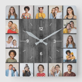 Reloj Cuadrado 16 Collage de fotos Gris claro Faux Wood Fence