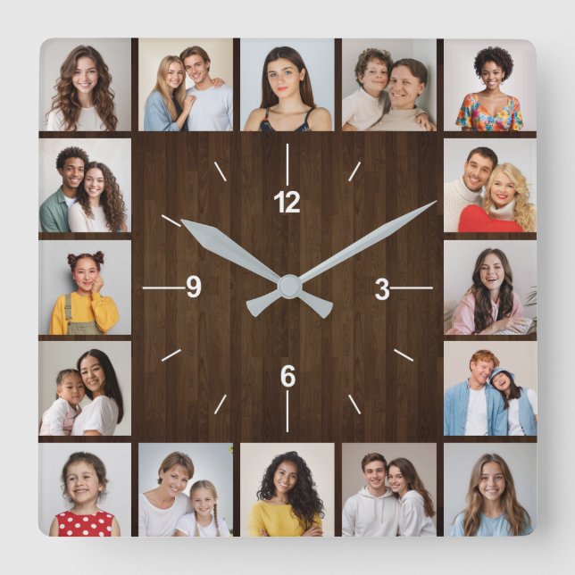 Reloj Cuadrado 16 Collage de fotos Rústico Barrera de madera oscu (Anverso)