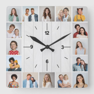 Reloj Cuadrado 16 Collage de fotos Rústico Faux Wood Fence