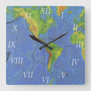 Reloj Cuadrado 1994 mapa del mundo físico - placas tectónicas -