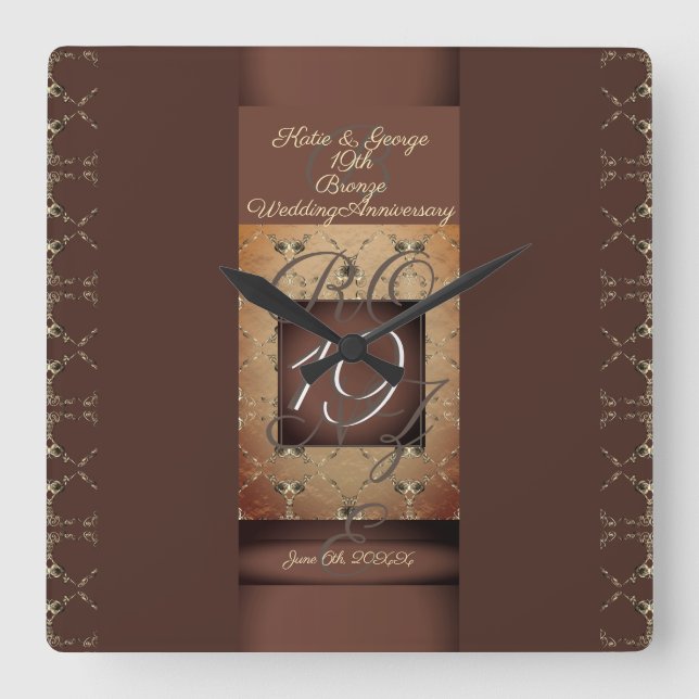 Reloj Cuadrado 19° Aniversario Boda Color bronce oscuro (Anverso)
