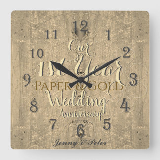 Reloj Cuadrado 1.ᵉʳ Aniversario Boda Papel y oro cuadrado
