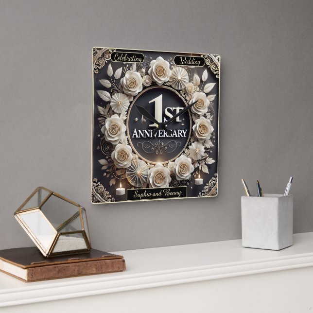 Reloj Cuadrado 1.ᵉʳ Aniversario Elegante Diseño Floral (Oficina)