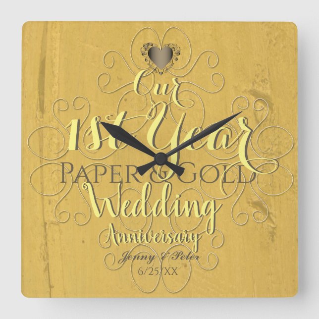 Reloj Cuadrado 1.ᵉʳ año Boda de papel y oro (Anverso)