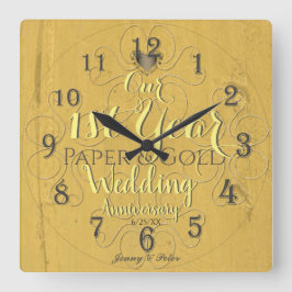 Reloj Cuadrado 1.ᵉʳ año Boda de papel y oro