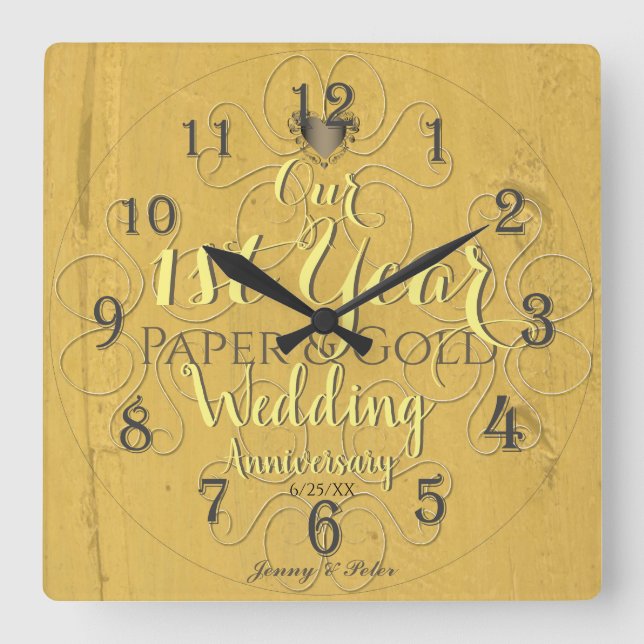 Reloj Cuadrado 1.ᵉʳ año Boda de papel y oro (Anverso)