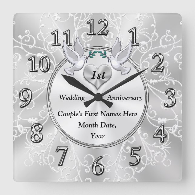 Reloj Cuadrado 1.ᵉʳ regalo de aniversario Boda, personalizado (Anverso)