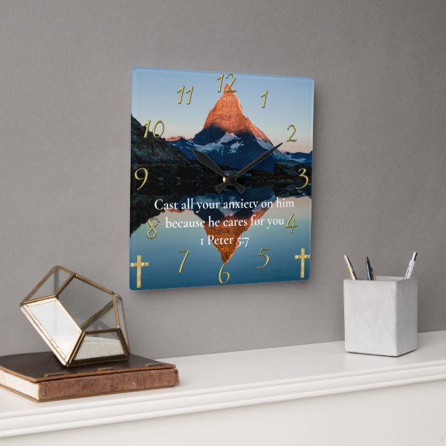 Reloj Cuadrado 1 Peter 5:7 Lago de montaña de fe cristiana (Oficina)
