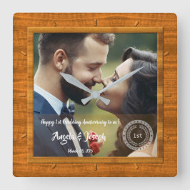 Reloj Cuadrado 1st Wedding Anniversary Photo Wood Texture Clock