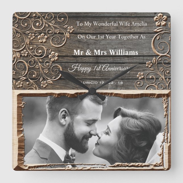 Reloj Cuadrado 1st wedding anniversary wooden photo frame clock (Anverso)