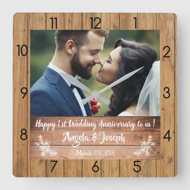 Reloj Cuadrado 1st Wedding Anniversary Wooden Texture Clock (Anverso)