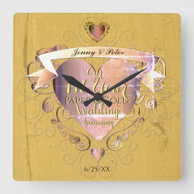 Reloj Cuadrado 1st Year Wedding Anniversary Paper&Gold w Heart (Anverso)