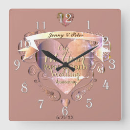 Reloj Cuadrado 1st Year Wedding Anniversary Paper&Gold w Heart