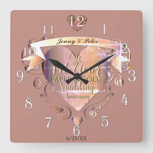 Reloj Cuadrado 1st Year Wedding Anniversary Paper&Gold w Heart (Anverso)