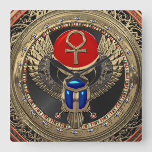 Reloj Cuadrado [200] Sagrado Scarab egipcio alado de oro con Ankh
