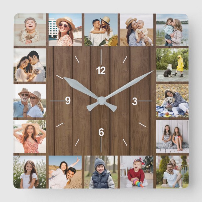 Reloj Cuadrado 20 Collage de fotos Faux Brown Wood Fence (Anverso)