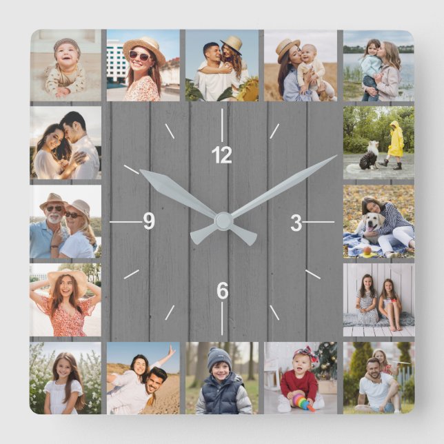 Reloj Cuadrado 20 Collages de fotos Faux Gray Wood Fence (Anverso)