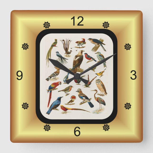 Reloj Cuadrado 22 especies de aves exóticas ~ L. Prang & Co. (Anverso)