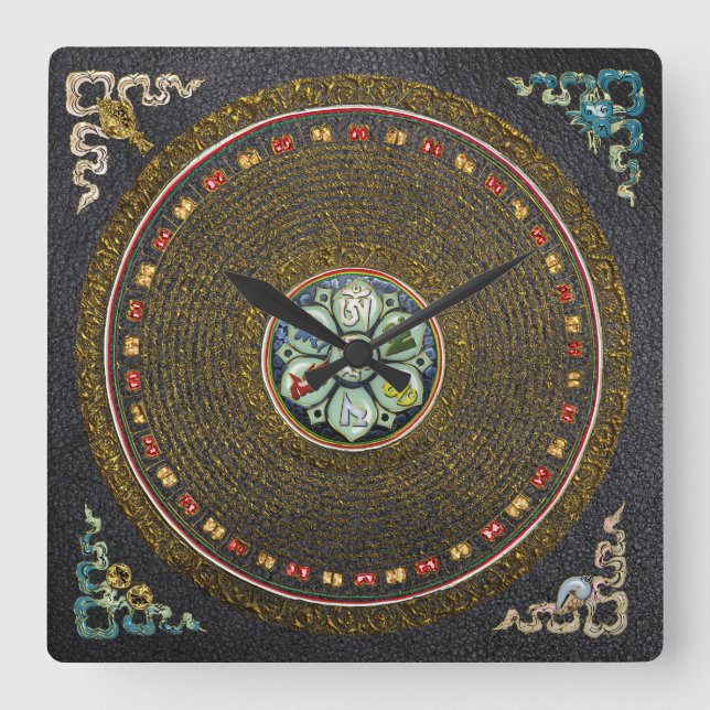 Reloj Cuadrado [24] Ronda tibetana "OM" Mantra Mandala (Anverso)