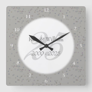 Reloj Cuadrado 25° Aniversario Boda de Plata Stardust Confetti