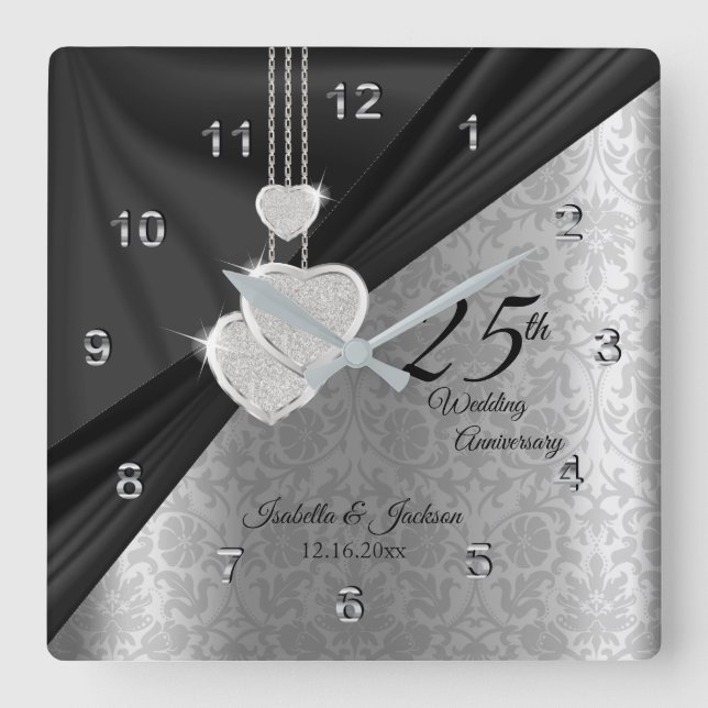 Reloj Cuadrado 25° Aniversario del Boda de Plata Keepsake (Anverso)