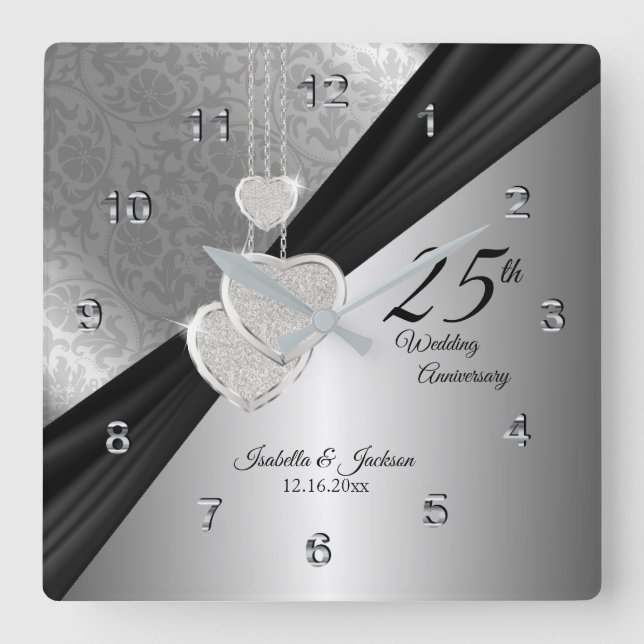 Reloj Cuadrado 25° Aniversario del Boda de Plata Keepsake (Anverso)