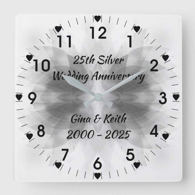 Reloj Cuadrado 25to aniversario de bodas de plata de plata de (Anverso)