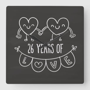 Reloj Cuadrado 26° Aniversario Regalo Corazones de Chalk
