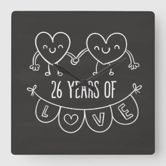 Reloj Cuadrado 26° Aniversario Regalo Corazones de Chalk