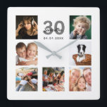 Reloj Cuadrado 30th birthday custom photo collage friends<br><div class="desc">A wall clock as a gift for a 30th birthday for a woman, celebrating her life with a collage of 7 of your photos. Personalize and add a name, age 30 and a date. Date of birth or the date of the anniversary. Black and gray colored letters. A chic white...</div>