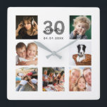 Reloj Cuadrado 30th birthday custom photo collage friends<br><div class="desc">A wall clock as a gift for a 30th birthday for a woman, celebrating her life with a collage of 7 of your photos. Personalize and add a name, age 30 and a date. Date of birth or the date of the anniversary. Black and gray colored letters. A chic white...</div>