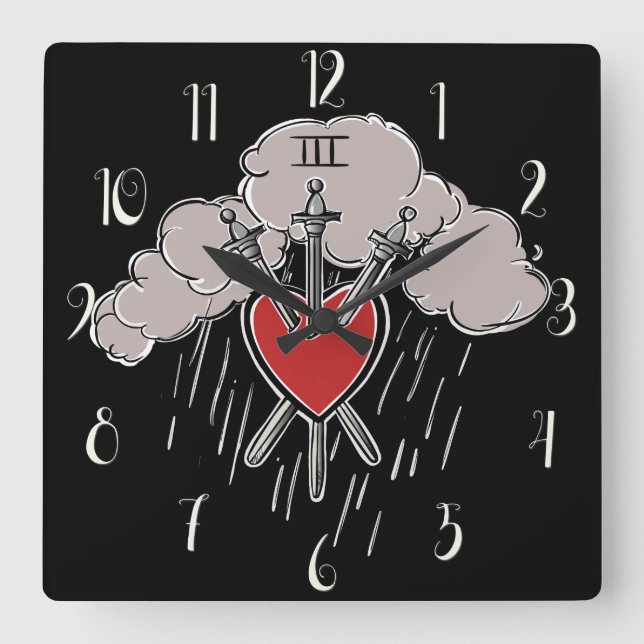 Reloj Cuadrado 3 de Swords Love Heart Tarot Ilustracion (Anverso)