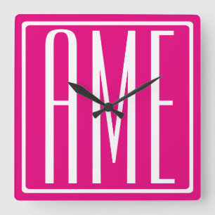 Reloj Cuadrado 3 iniciales Monograma Blanco Sobre Rosa Caliente