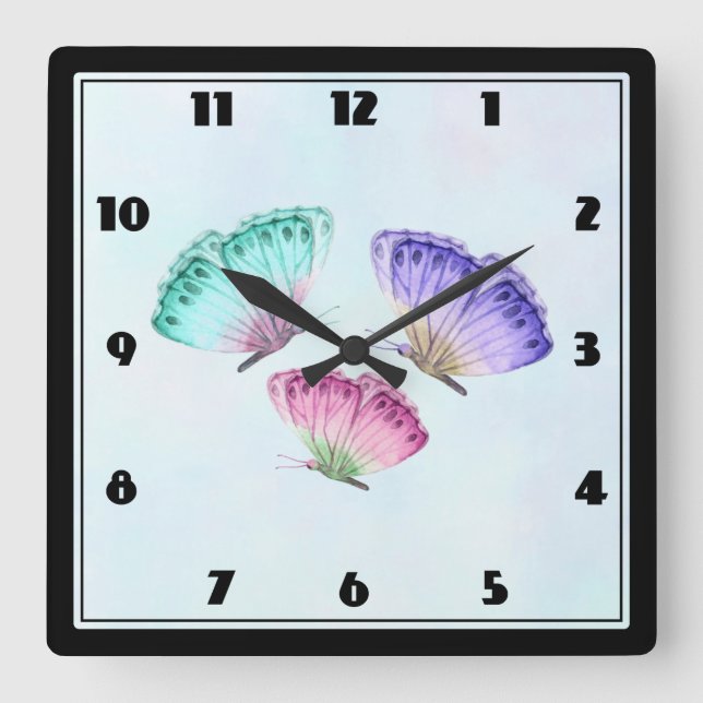 Reloj Cuadrado 3 Mariposas de color pastel cúrcuma (Anverso)