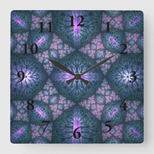 Reloj Cuadrado 3D Fractal Art Pattern Turquoise Purple Pink