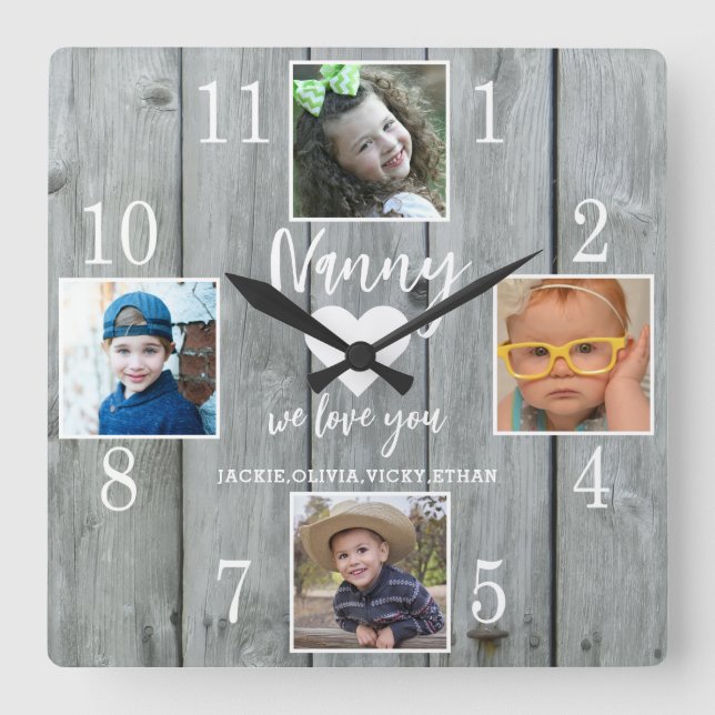 Reloj Cuadrado 4 Foto Rustic Grey Wood Te ama Nietas Nanas (Anverso)