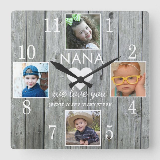 Reloj Cuadrado 4 Foto Rustic Grey Wood Te ama Nietos Nana (Anverso)