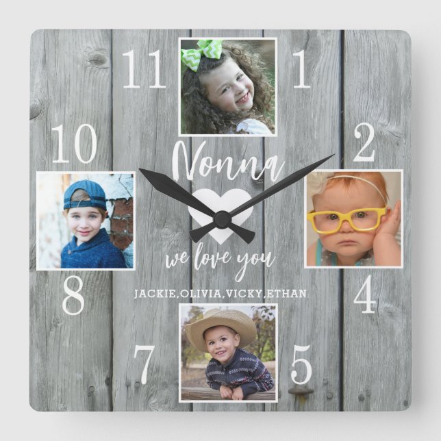Reloj Cuadrado 4 Fotografía Rústica Madera Gris Te Ama Nonna Gran (Anverso)