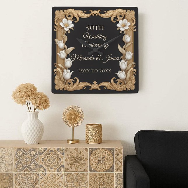 Reloj Cuadrado 50 Wedding Anniversary Baroque Elegant Tulip Frame (50 Wedding Anniversary Baroque Elegant Tulip Frame Square Wall Clock)