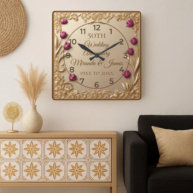 Reloj Cuadrado 50 Wedding Anniversary Opulent Baroque Tulip Frame (50 Wedding Anniversary Opulent Baroque Tulip Frame Square Wall Clock)